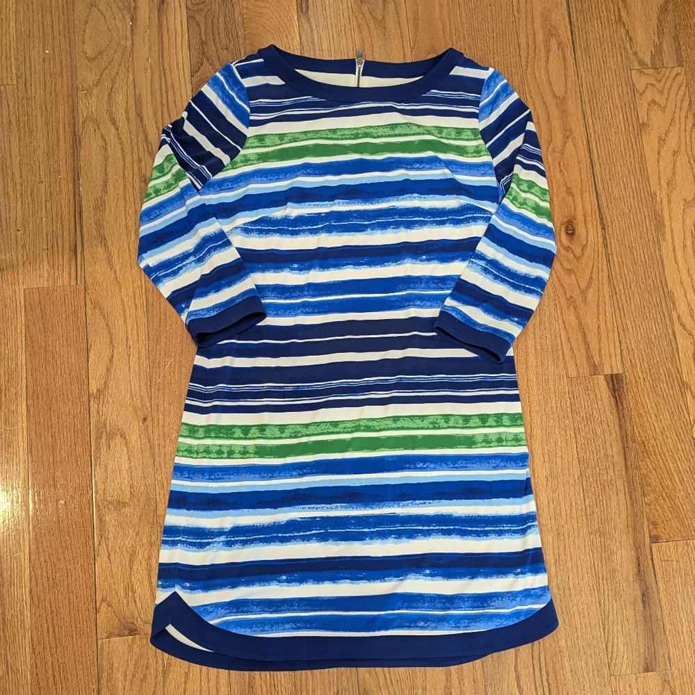 Vince Camuto Water Color Stripe 3/4 Sleeve Shift Dress Size 12 Nautical Art